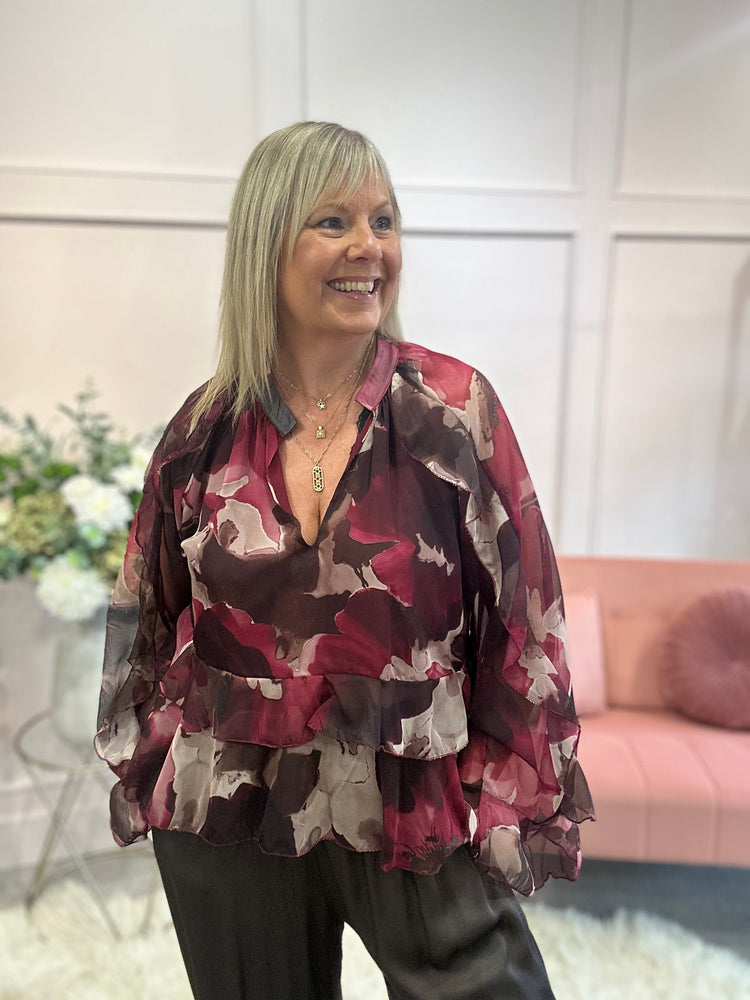 Floaty Frill Detail Top  - Plum/Wine - Wardrobe By Simone
