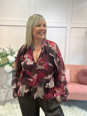 Floaty Frill Detail Top  - Plum/Wine - Wardrobe By Simone