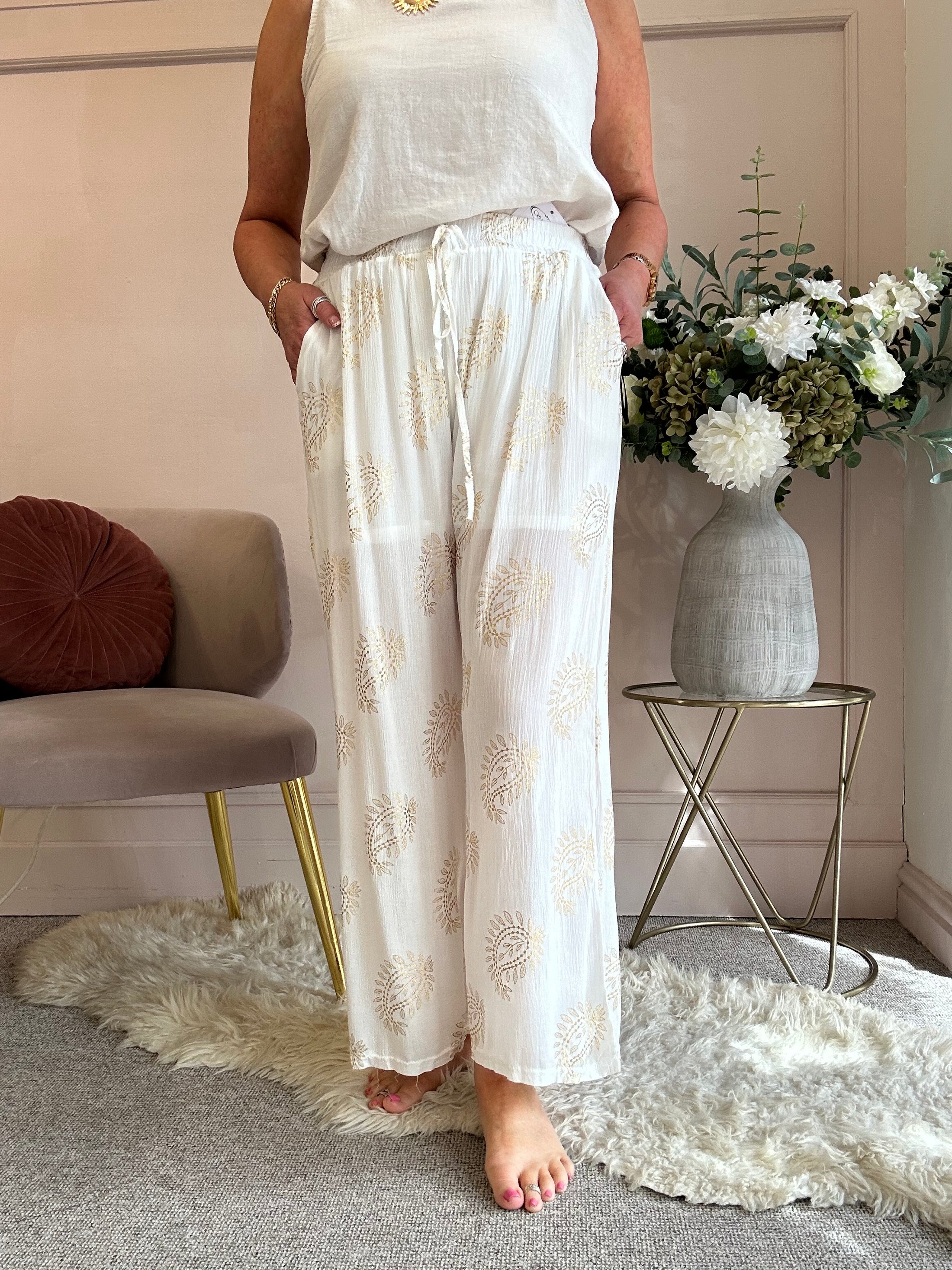 Paisley Gold Embroidery Pant - White/Gold - Wardrobe By Simone