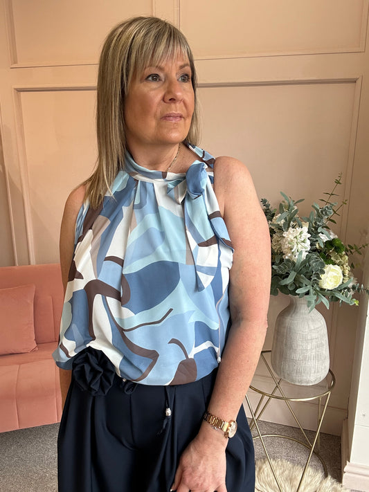 Leaf Print Bow Tie Sleeveless Top - Blue/Brown/White - Wardrobe By Simone