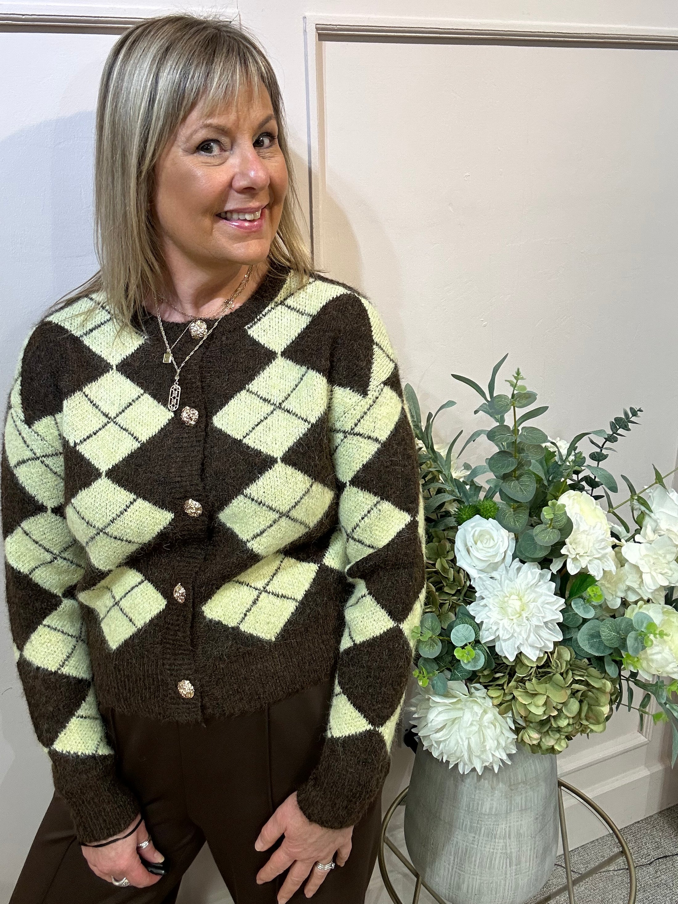 Diamond Pattern Cardigan - Brown/Yellow