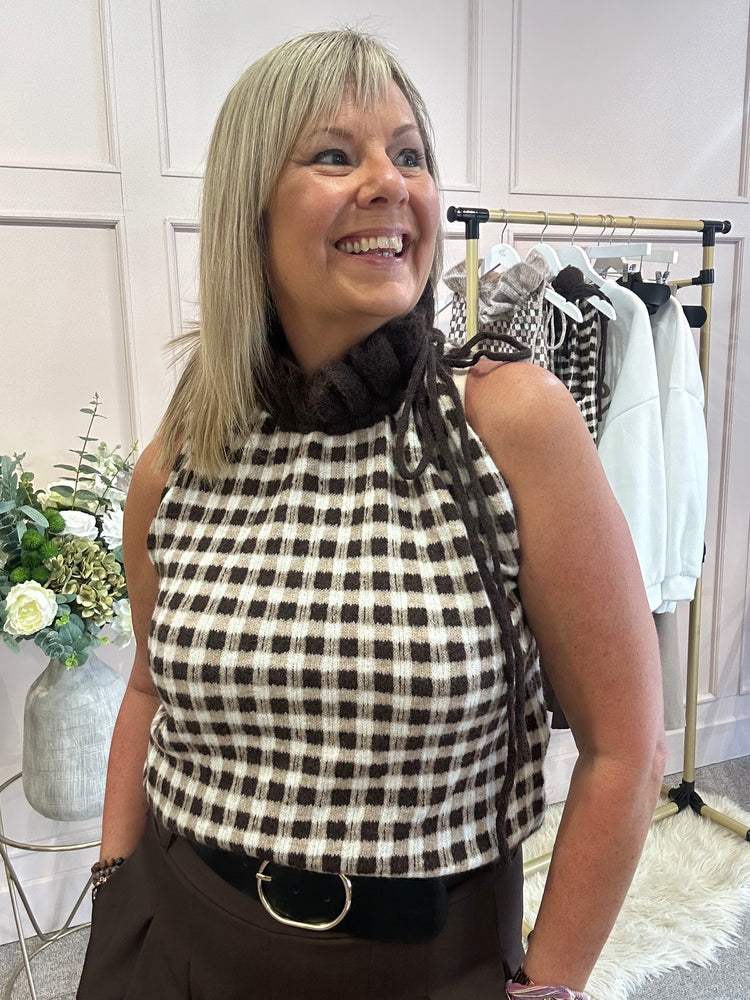 Ruffle Nec Top - Dark Brown Check