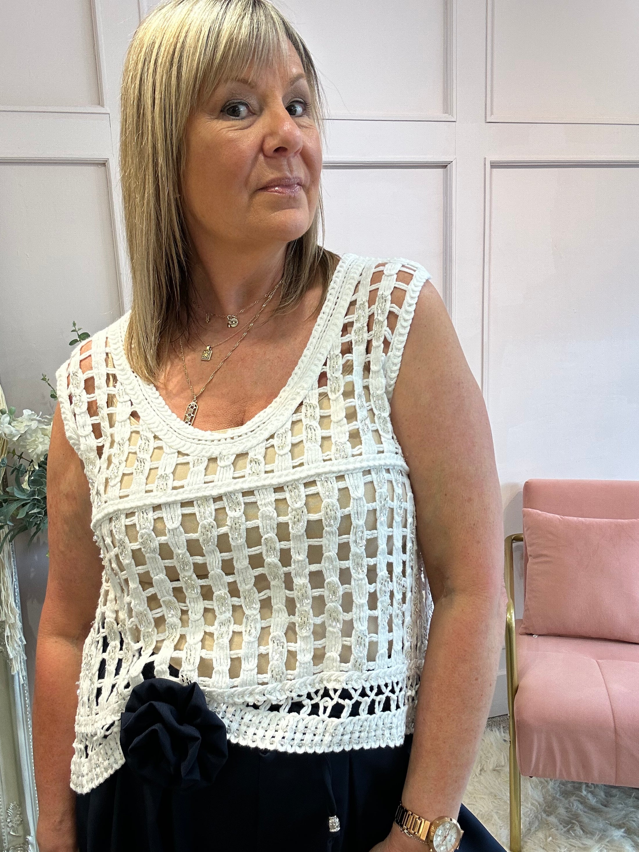 Open Crochet Scoop Neck Top  - White - Wardrobe By Simone