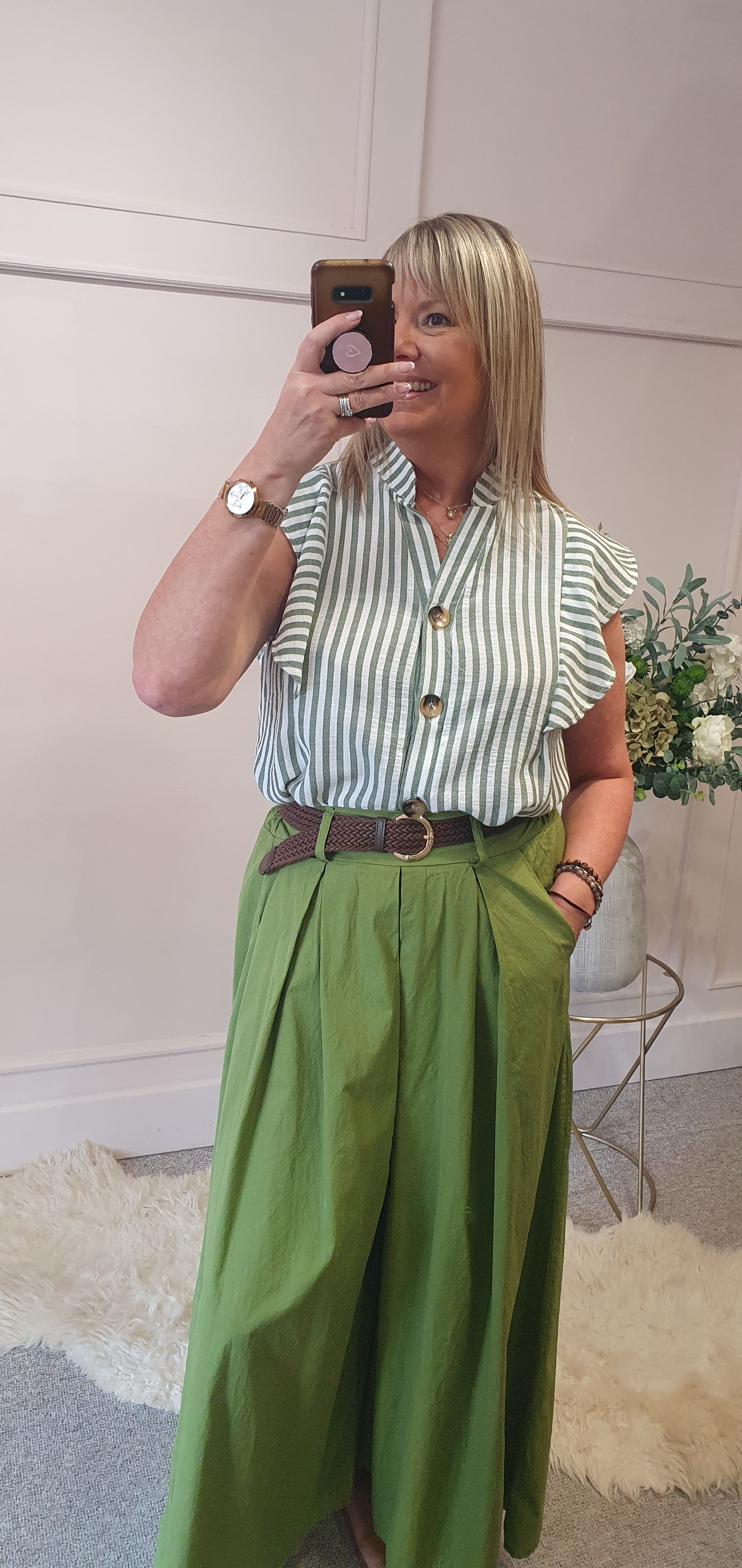 Striped Frilled Sleeve Shirt  - Green/White - Wardrobe By Simone