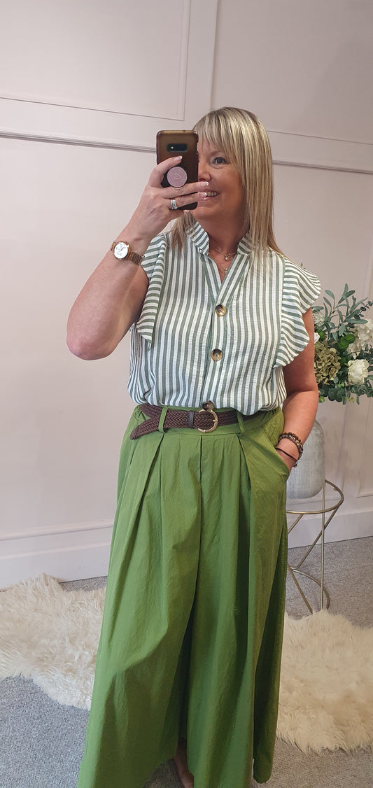 Striped Frilled Sleeve Shirt  - Green/White - Wardrobe By Simone