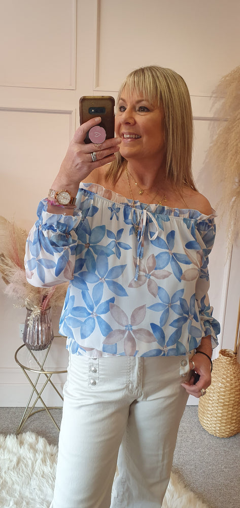 Ruffle Neck Blouse - Powder Blue/White