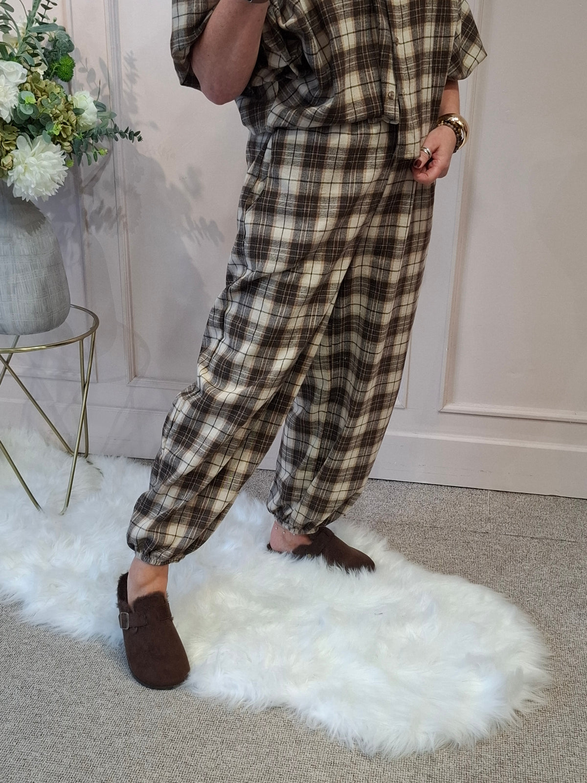 Checked Shirt & Pant Set - Brown/Cream