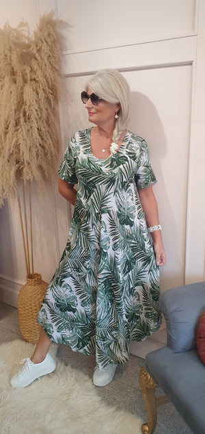 Palm Breeze Maxi Dress - Green/White