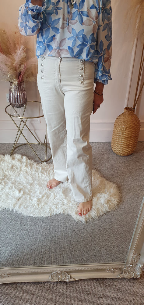 Button Detail Wide Leg Jeans - Cream/Beige
