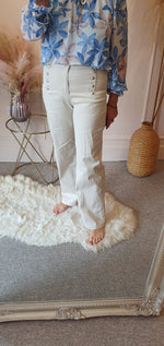 Button Detail Wide Leg Jeans - Cream/Beige