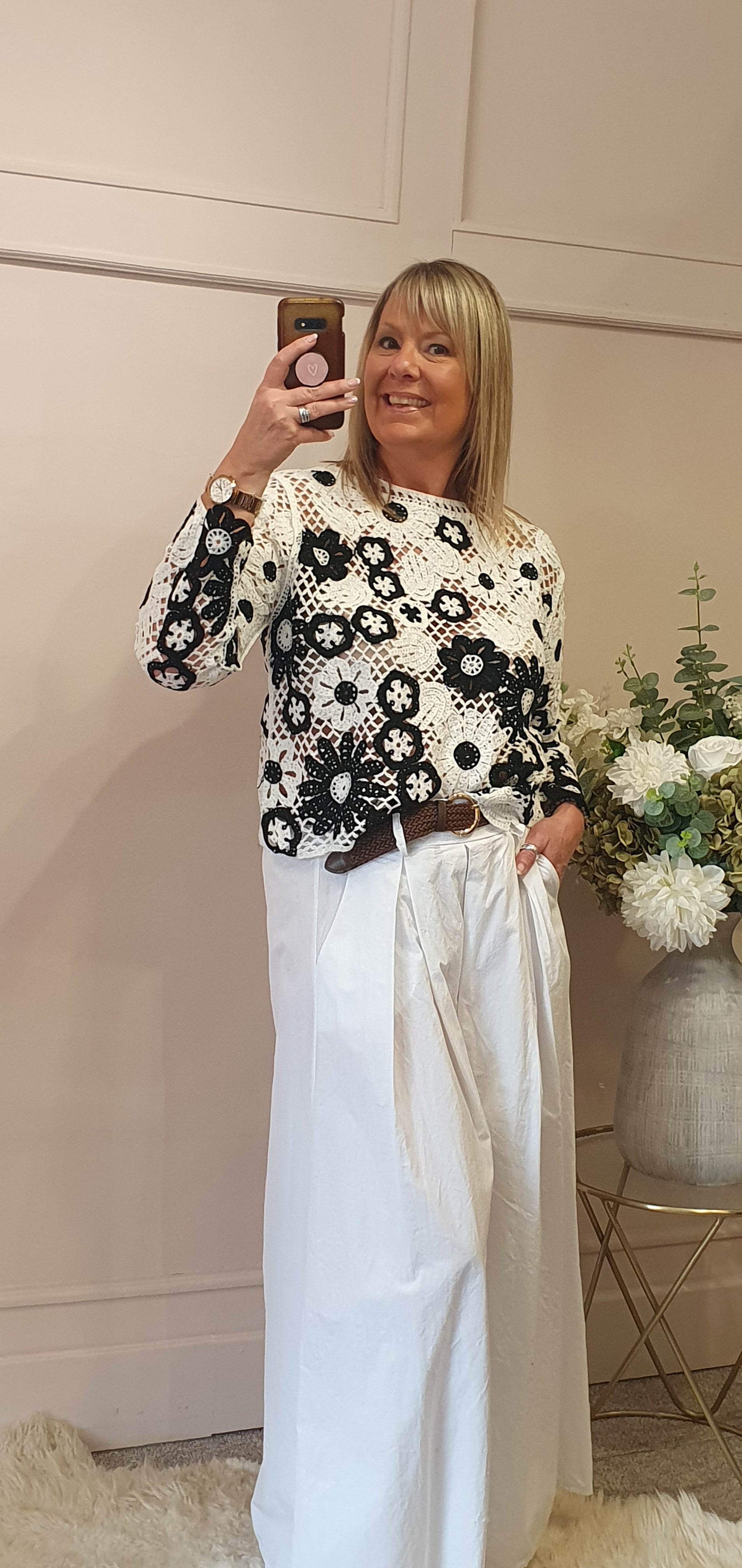 Crochet Flower Jumper - White/Black - Wardrobe By Simone