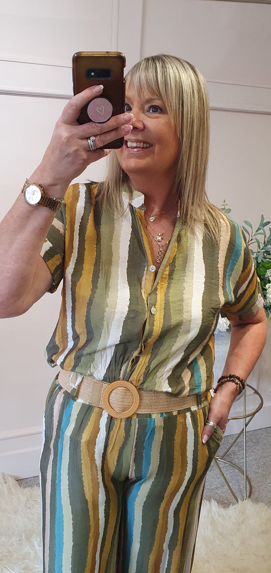 Multi Stripe Top & Pant Set - Green/Mix - Wardrobe By Simone