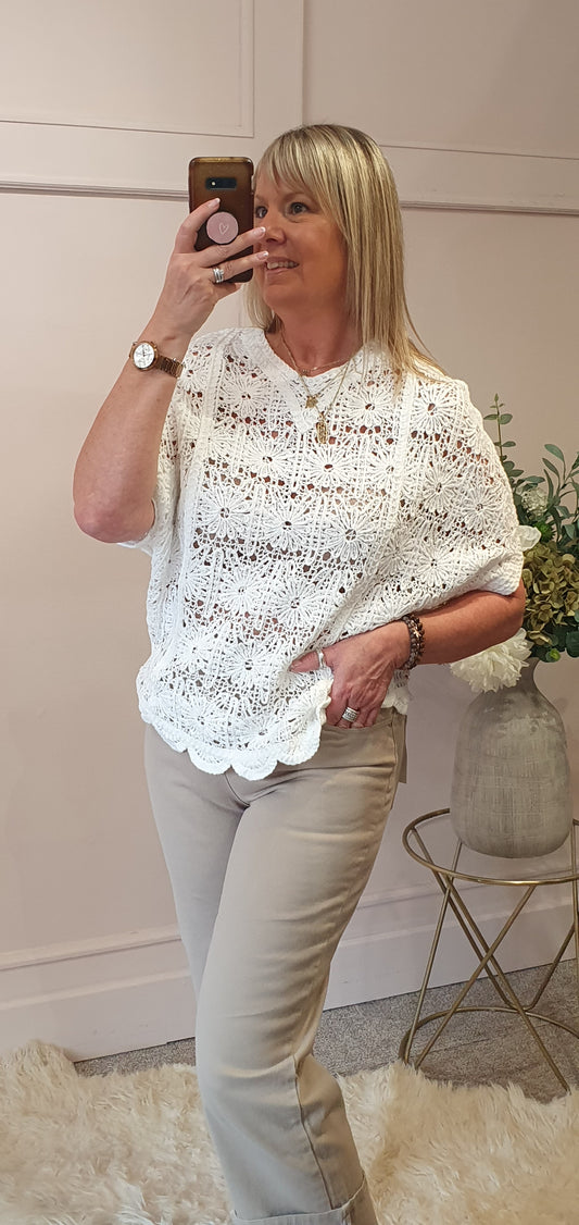 Crochet Floral Scallop Edge Jumper - White - Wardrobe By Simone