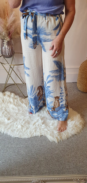 Cheetah & Palm Print Wide Pant -  Blue/Cream