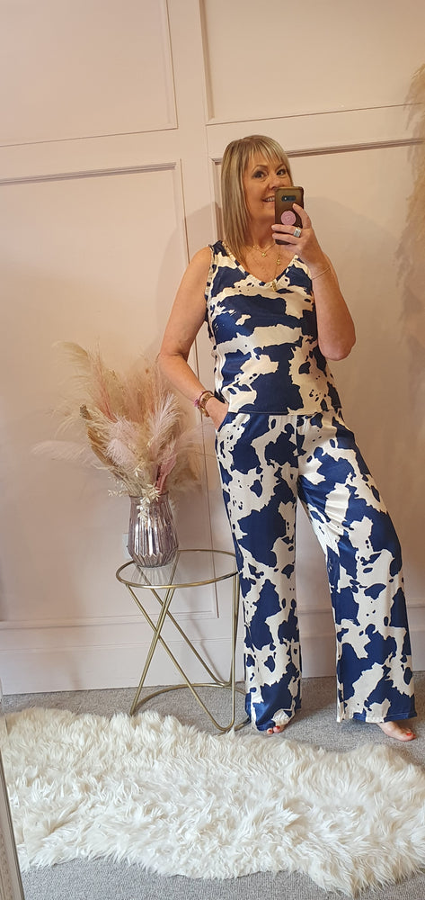 Cow Print Wide Pants - Navy/Cream - Wardrobe By Simone