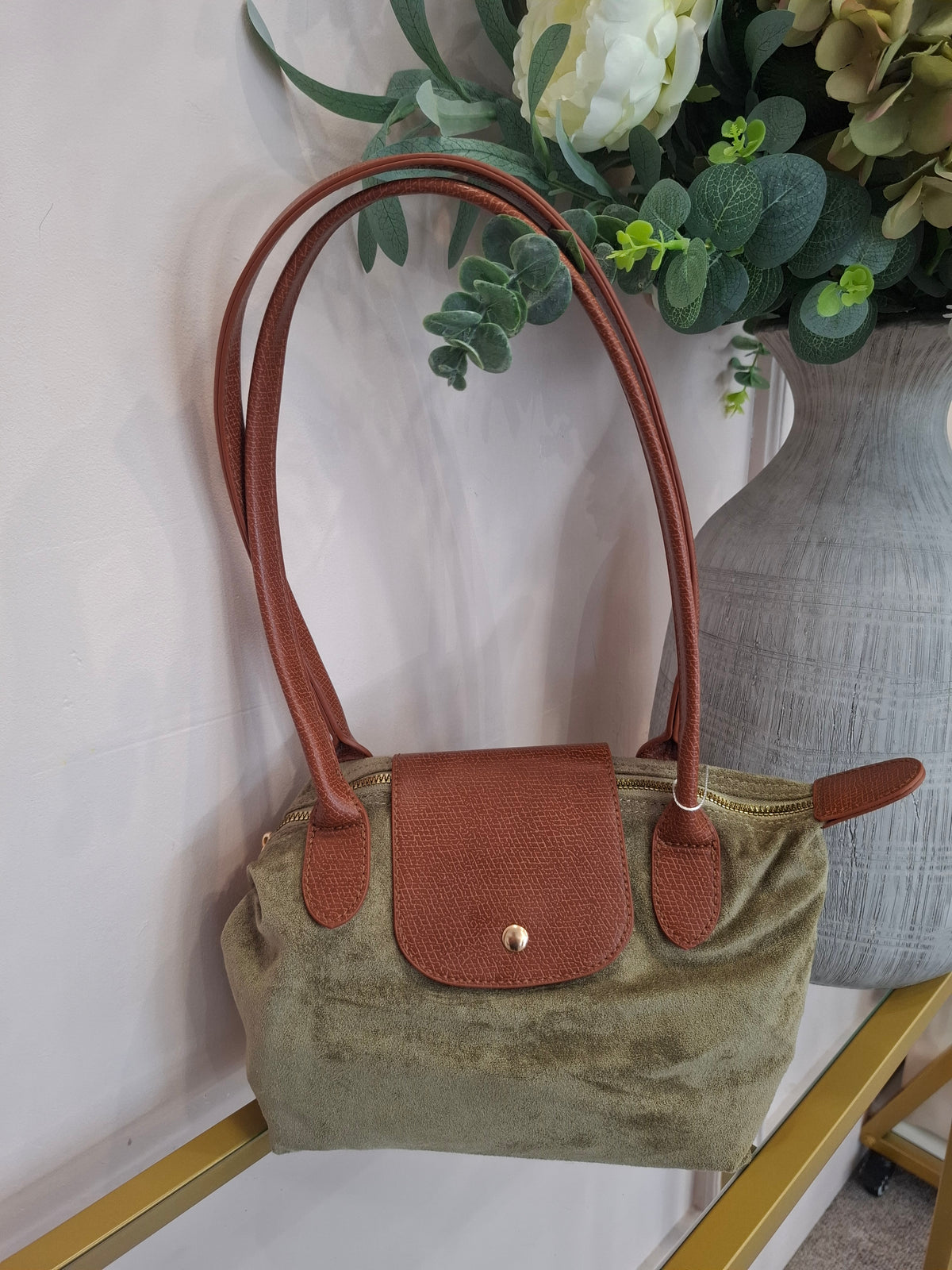 Tan Detail Shoulder Bag  - Sage/Tan