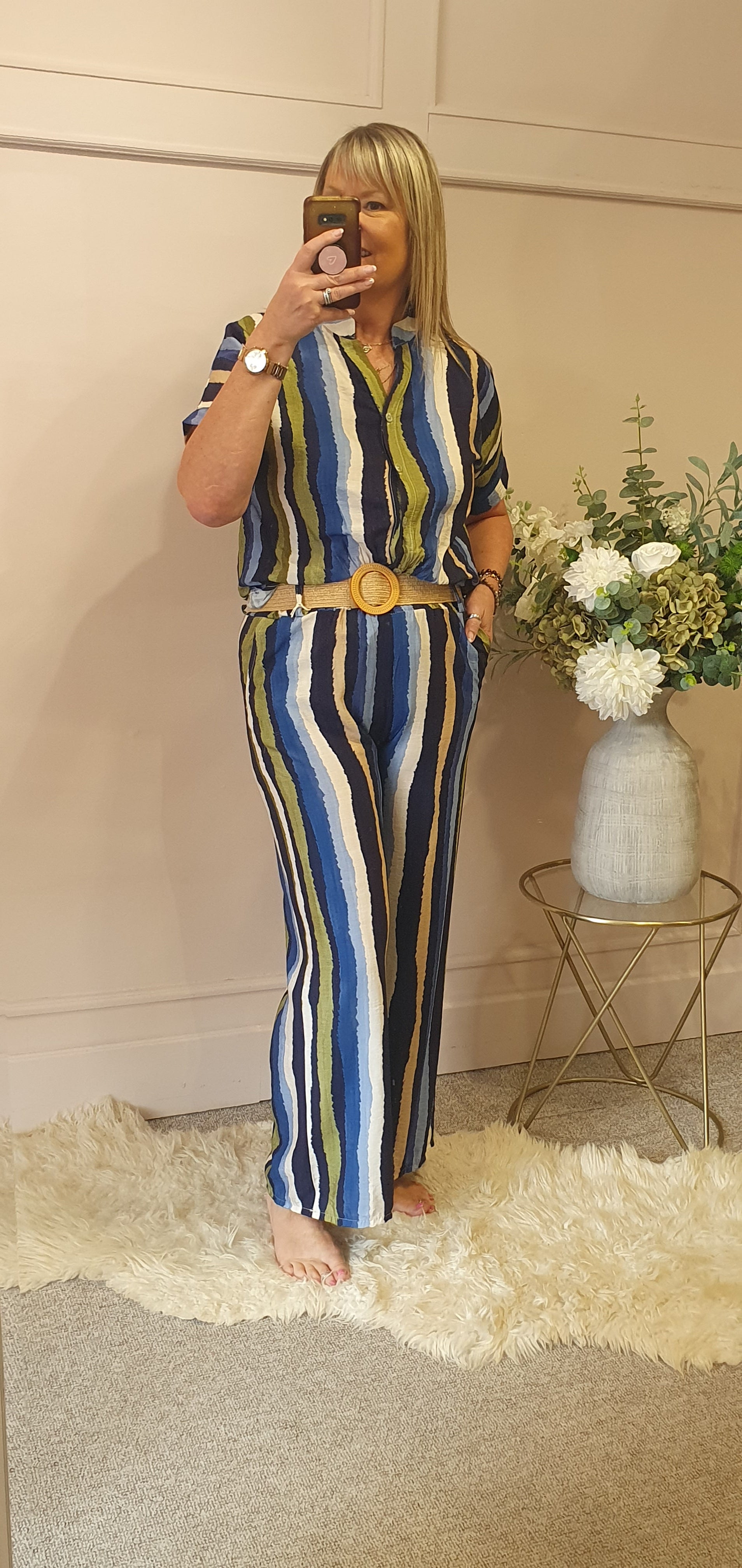 Multi Stripe Top & Pant Set - Navy/Mix - Wardrobe By Simone