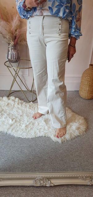 Button Detail Wide Leg Jeans - Cream/Beige