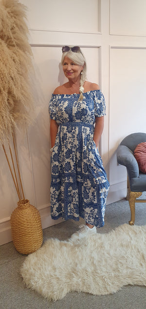 Full Bloom Midi Dress - Blue/White