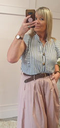 Load image into Gallery viewer, Striped Frilled Sleeve Shirt  - Indigo/White - Wardrobe By Simone
