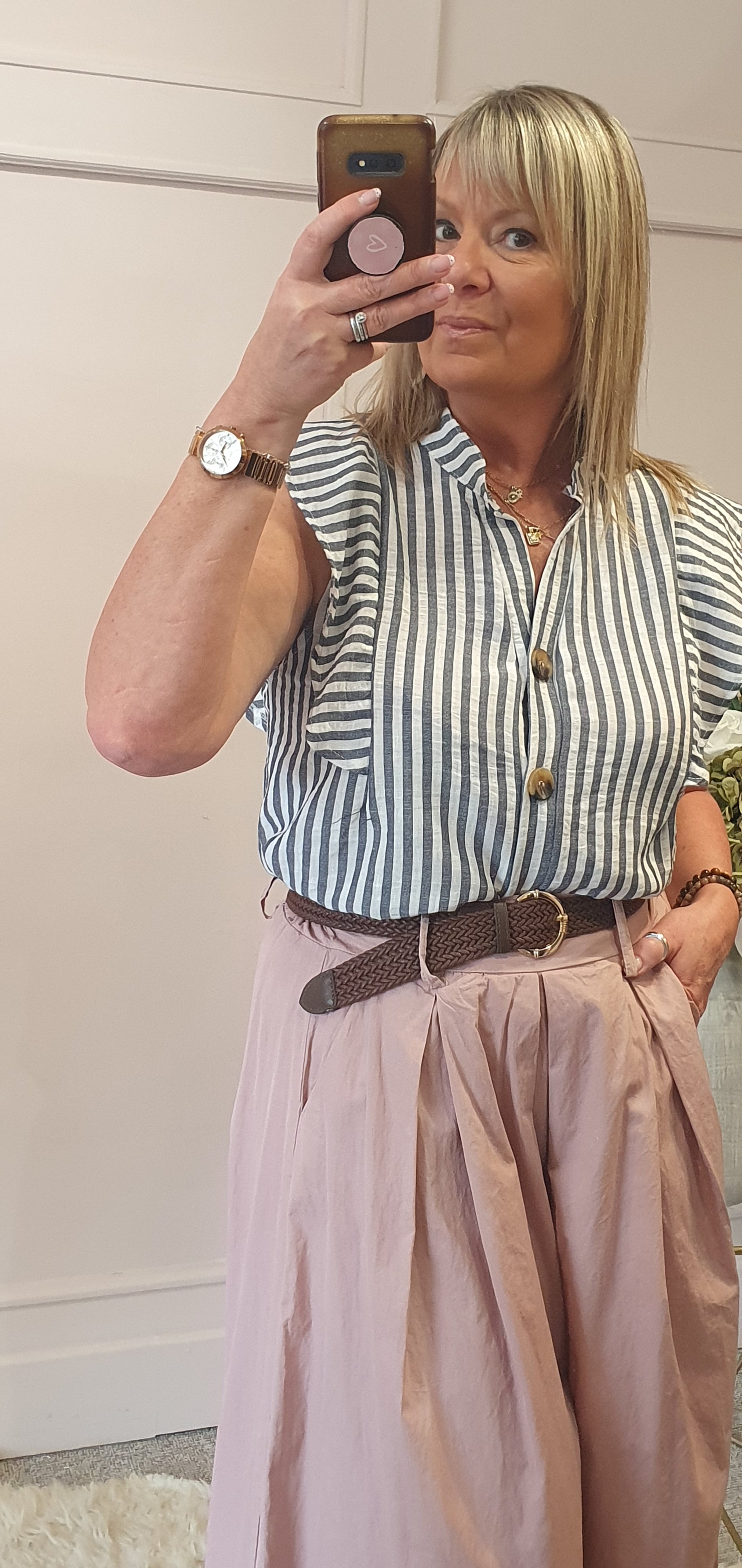 Striped Frilled Sleeve Shirt  - Indigo/White - Wardrobe By Simone