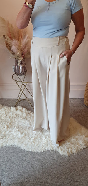Pleated Front Wide Pant - Cream - Wardrobe By Simone