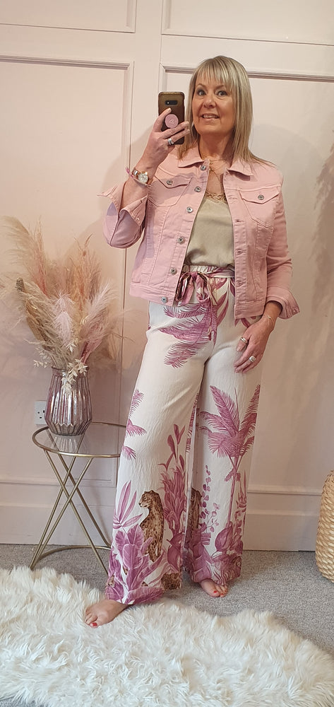 Cheetah & Palm Print Wide Pant - Wine/Cream