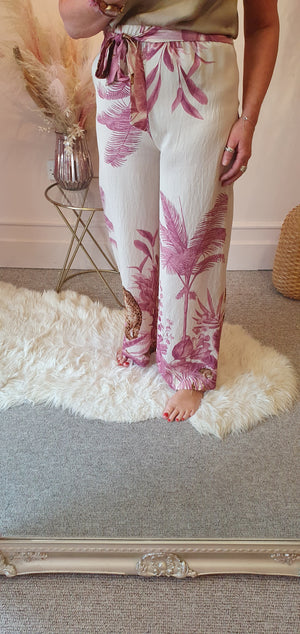 Cheetah & Palm Print Wide Pant - Wine/Cream
