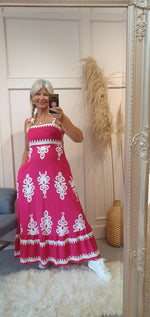 Strappy Border Print Maxi Dress - Fuchsia/White