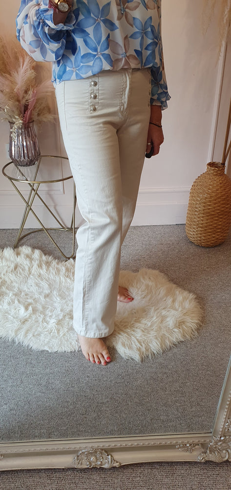 Button Detail Wide Leg Jeans - Cream/Beige