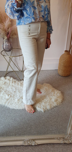 Button Detail Wide Leg Jeans - Cream/Beige