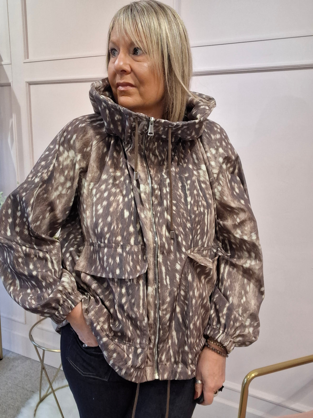 Deer Hooded Mac Jacket - Brown/Cream