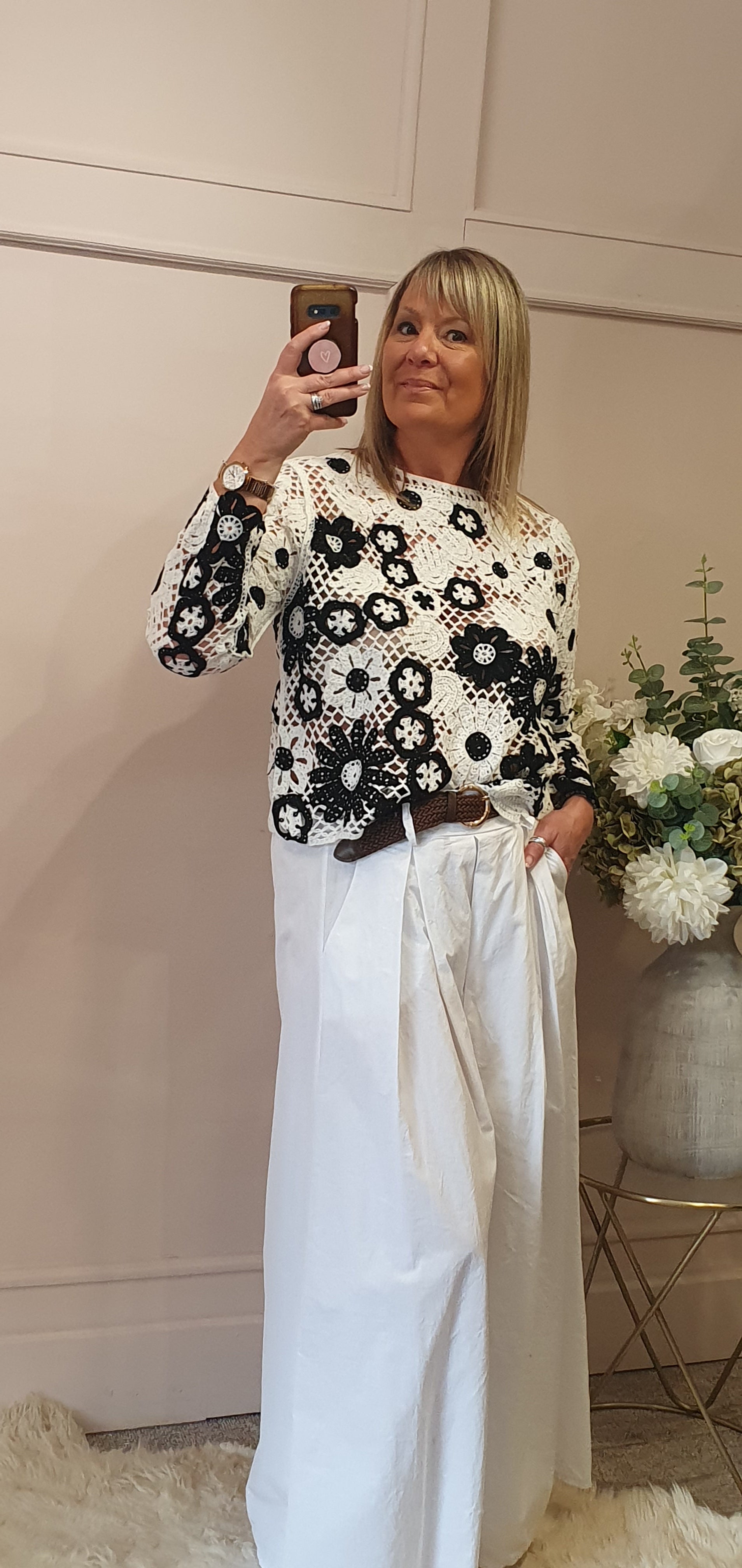 Crochet Flower Jumper - White/Black - Wardrobe By Simone