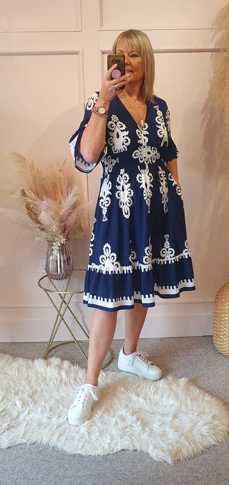 White Damask Design Midi Dress - Navy Blue - Wardrobe By Simone
