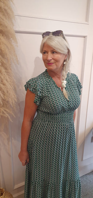 Geometric Print Maxi Dress - Green/White