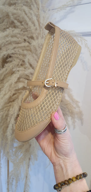 Mary Jane Mesh Flat Shoe - Beige