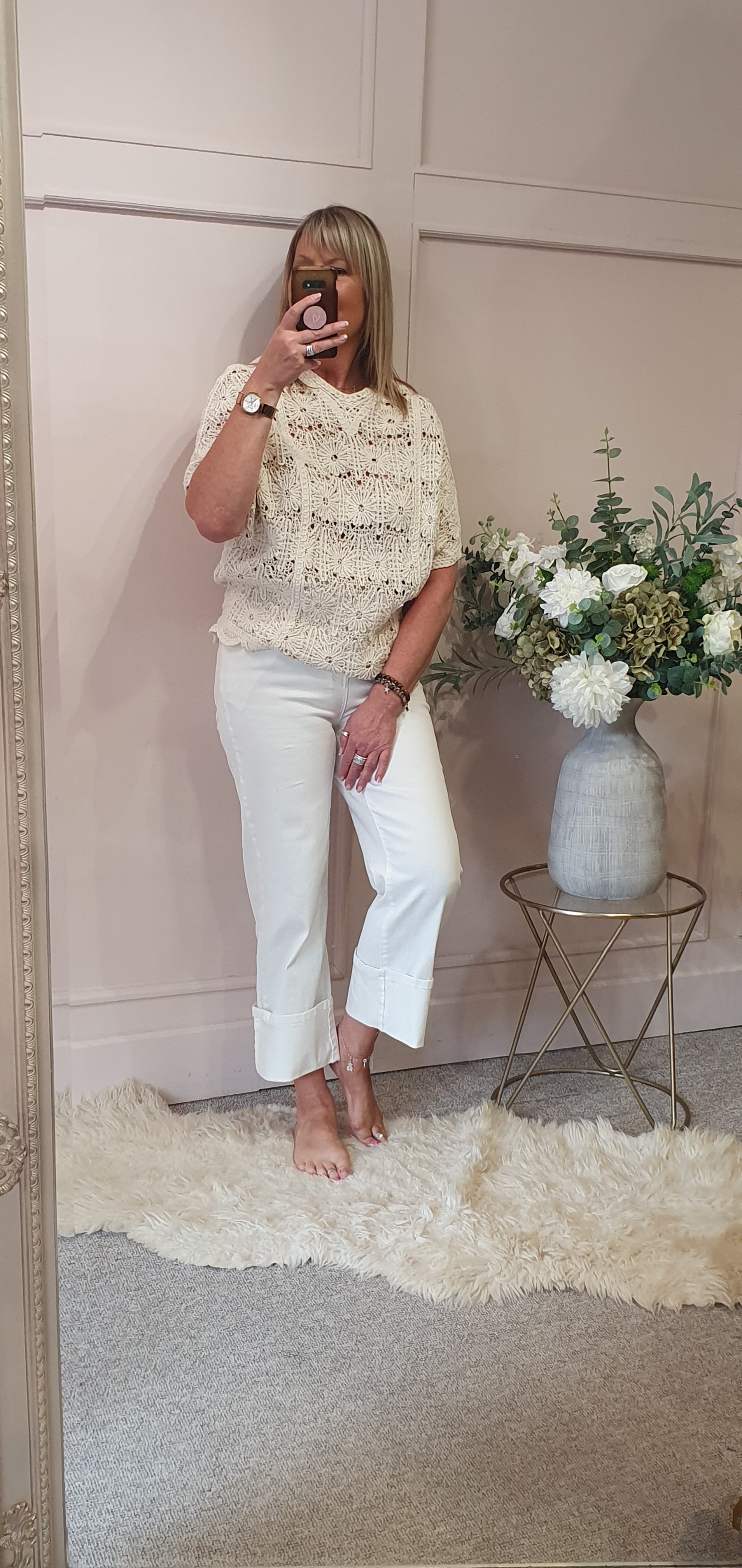Crochet Floral Scallop Edge Jumper - Cream - Wardrobe By Simone