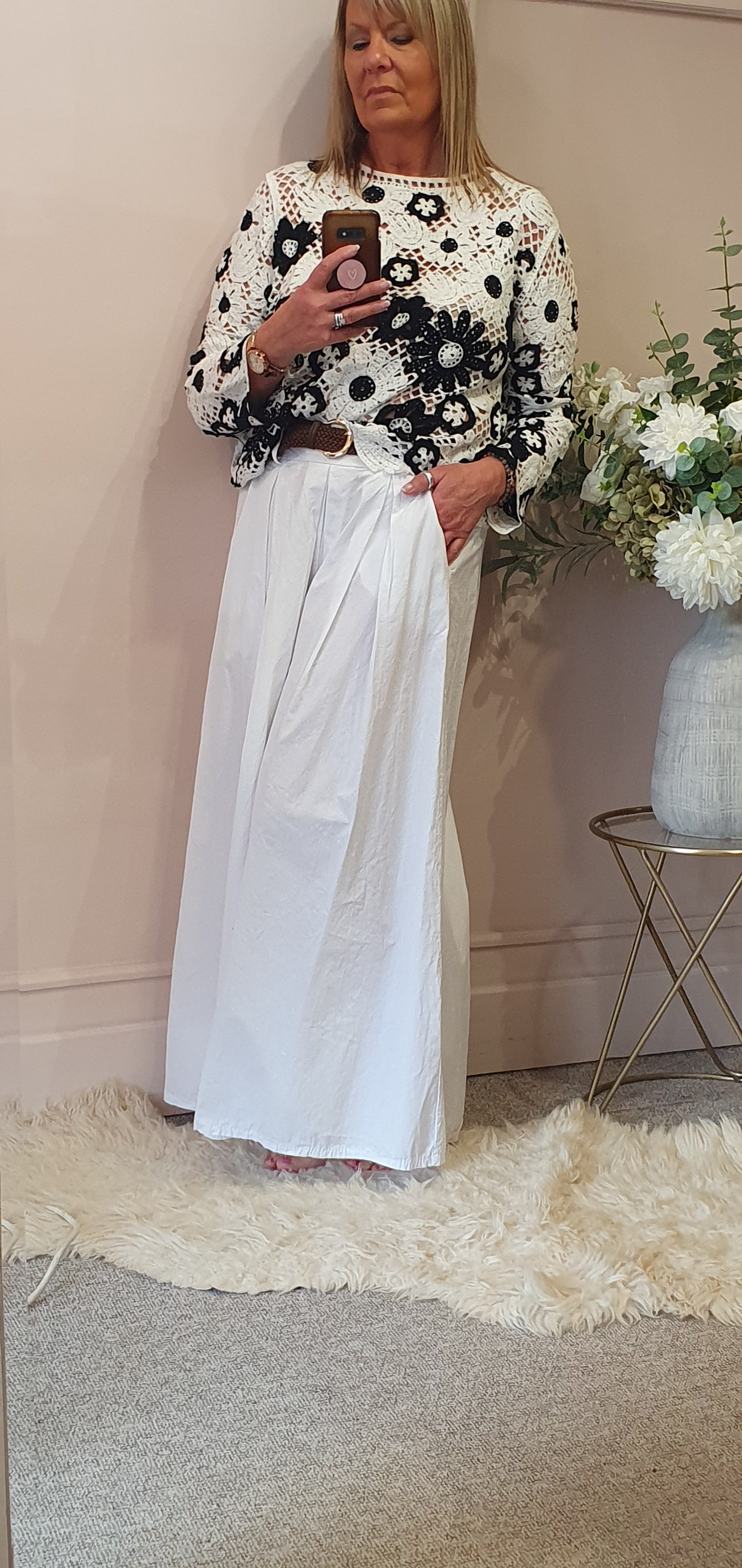 Crochet Flower Jumper - White/Black - Wardrobe By Simone