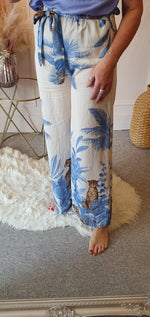Cheetah & Palm Print Wide Pant -  Blue/Cream