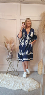 White Damask Design Midi Dress - Navy Blue - Wardrobe By Simone