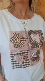 Heart & Flower Gingham T Shirt - White/Pink
