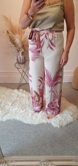 Cheetah & Palm Print Wide Pant - Wine/Cream