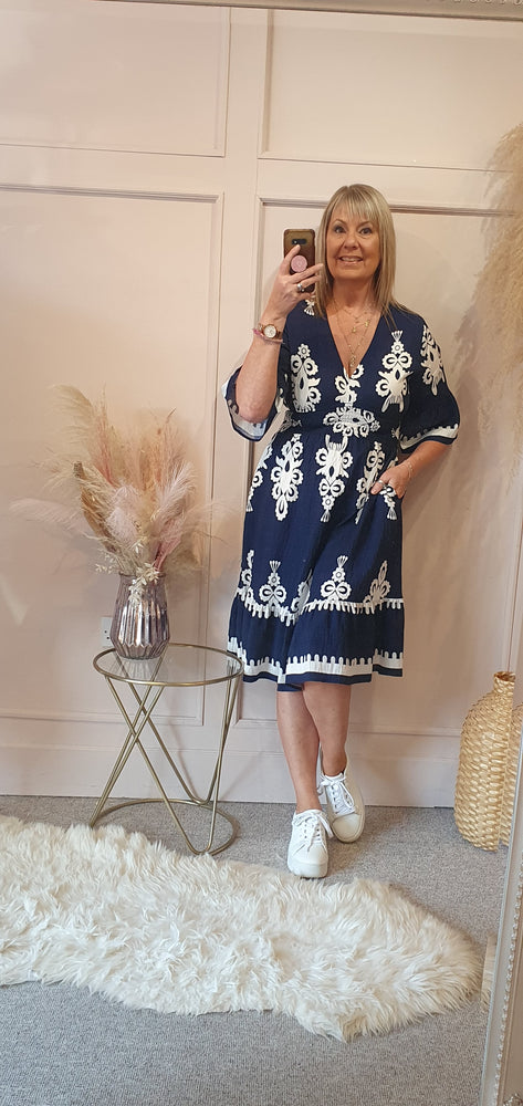 White Damask Design Midi Dress - Navy Blue - Wardrobe By Simone