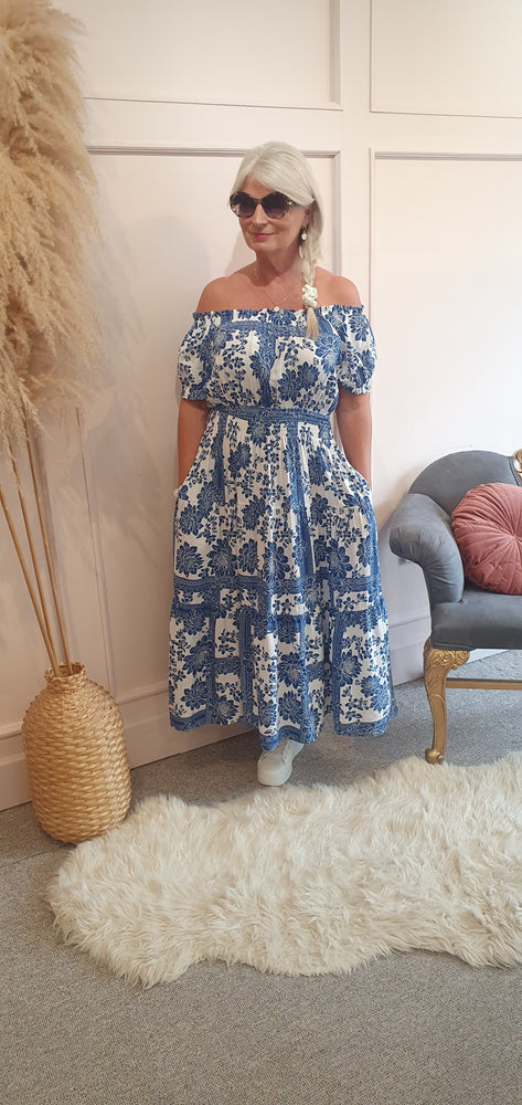 Full Bloom Midi Dress - Blue/White