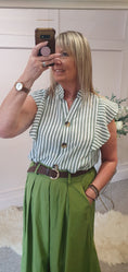 Load image into Gallery viewer, Striped Frilled Sleeve Shirt  - Green/White - Wardrobe By Simone
