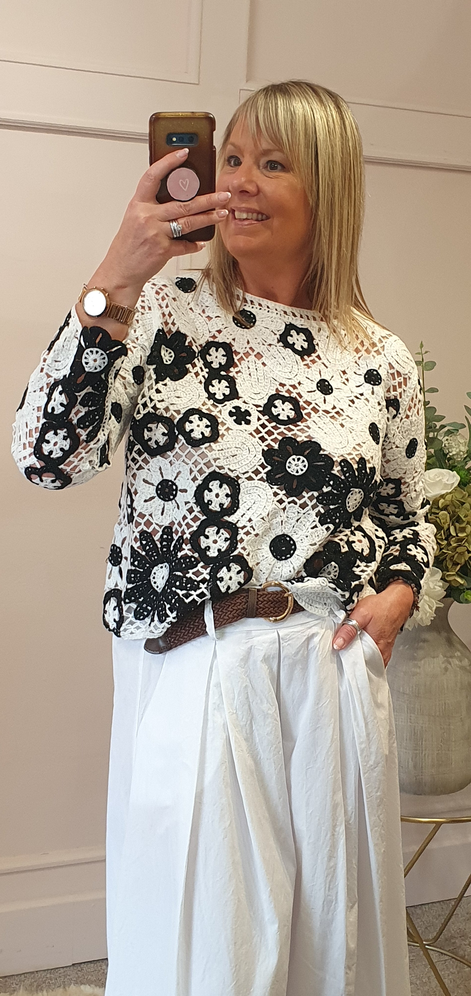 Crochet Flower Jumper - White/Black - Wardrobe By Simone