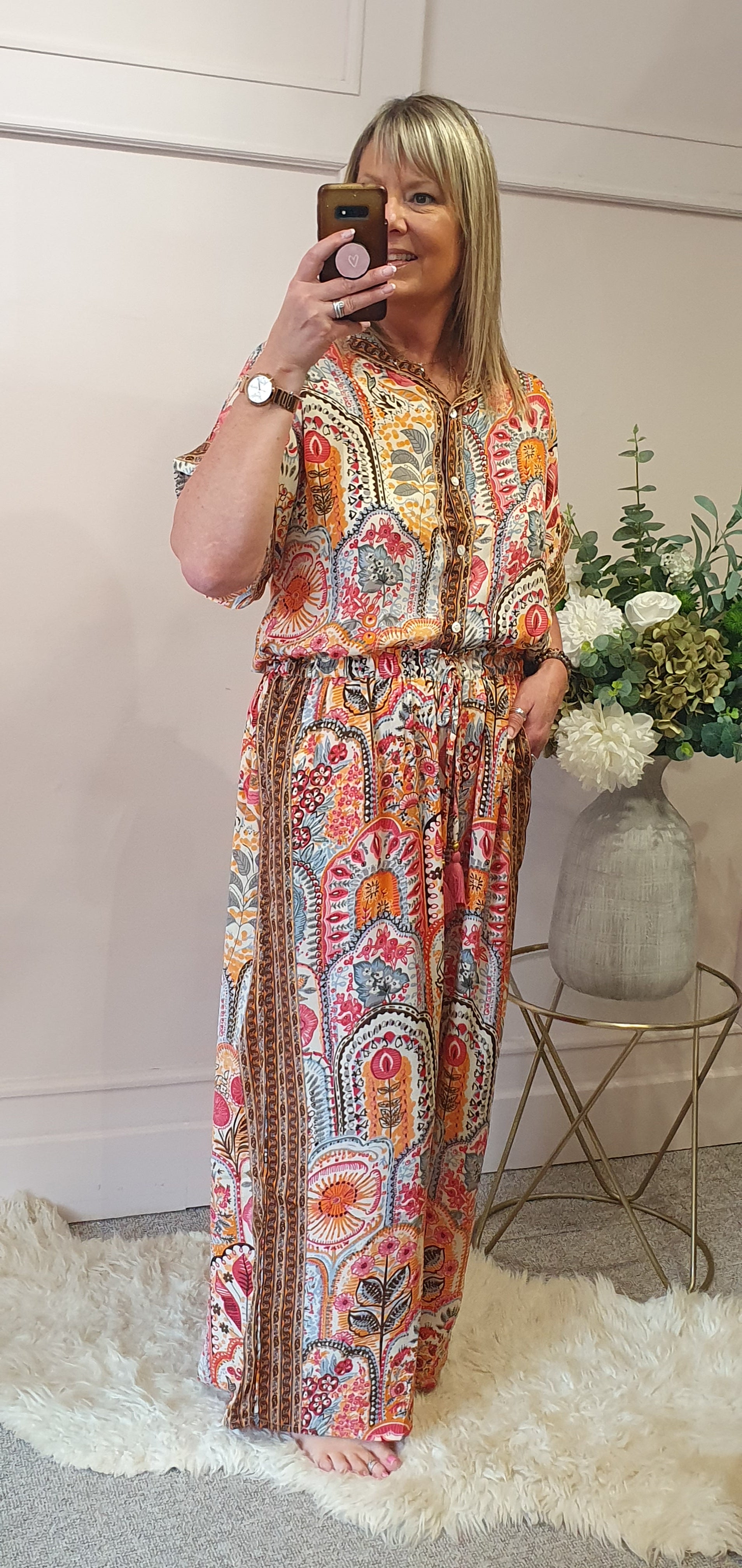 Floral Bohemian Tunic Top & Pant Set - Coral/Mix - Wardrobe By Simone