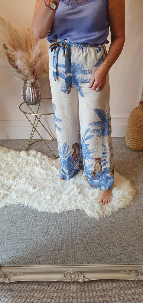 Cheetah & Palm Print Wide Pant -  Blue/Cream