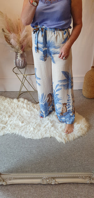 Cheetah & Palm Print Wide Pant -  Blue/Cream