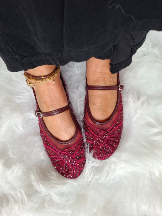 Sparkle Beaded Mary Jane - Burgundy - Wardrobe By Simone